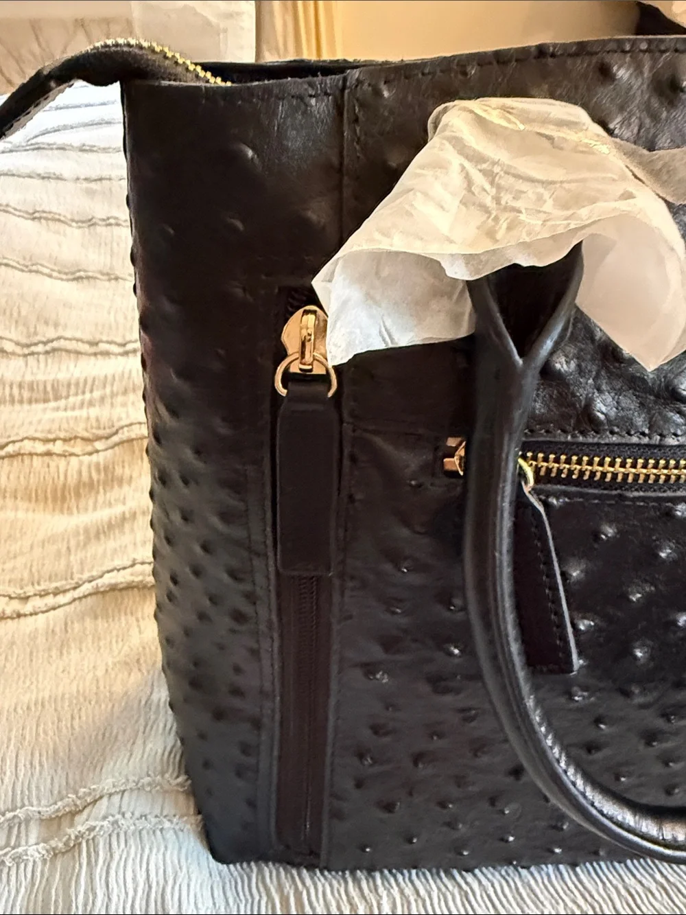 Gun Tote’n Mamas Black Ostrich-Texture Tote Bag Top Grain Leather NWT